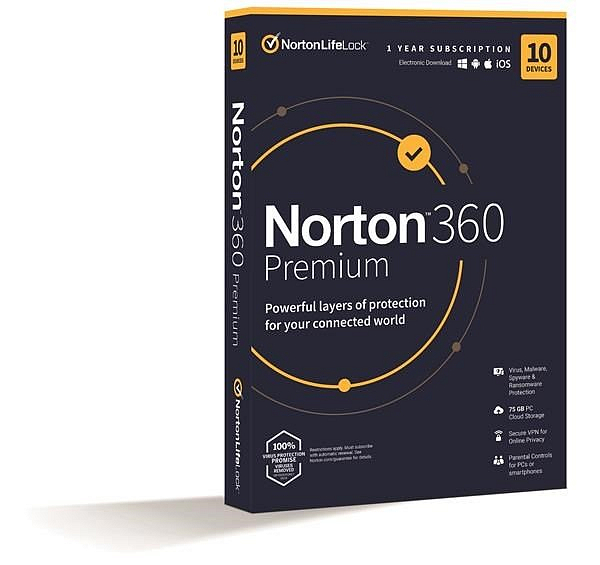NORTON 360 PREMIUM 75GB +VPN pro Windows či Android 1 uživatel pro 10 zařízení na 1 rok